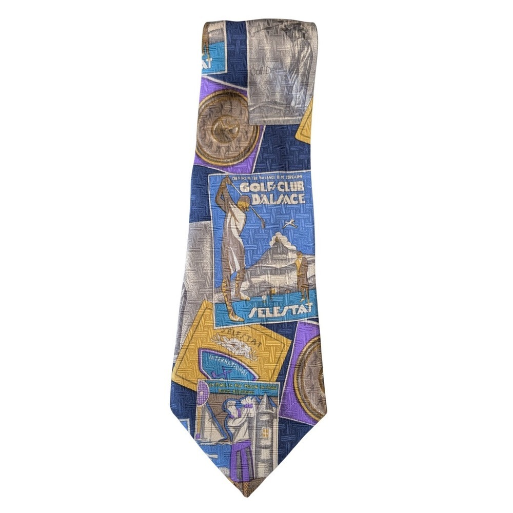 Vintage Ferrano Retro Golf Theme Blue Purple Yellow Luxury 100% Silk Necktie